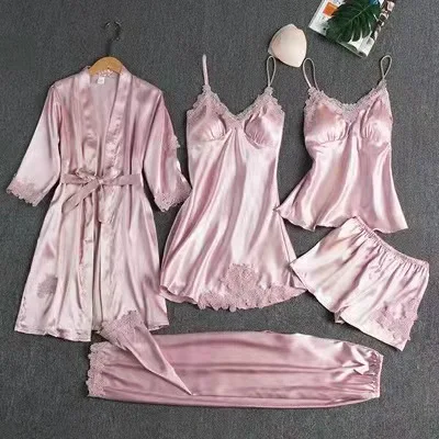 Sexy Lace Solid Color Suspender Satin Bathrobe Nightdress Pajama Sleepwear 5 Pcs Set for Women