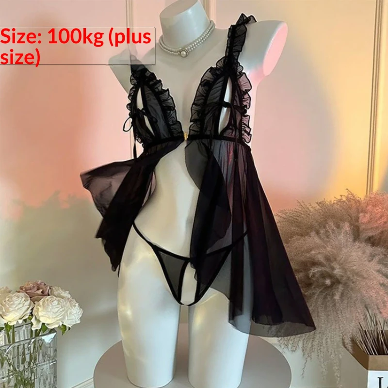 Sexy Lace Spaghetti Strap Push Up Nightdress Summer Sheer Thin Mesh Erotic Lingerie Set Plus Size Available