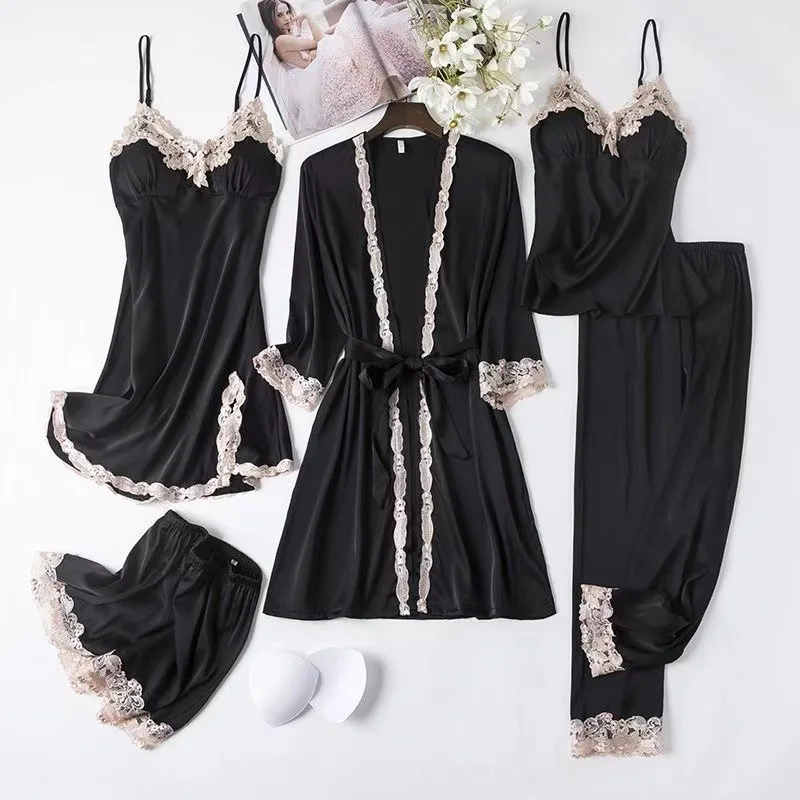 Sexy Luxury Satin Nightgown with Floral Lace Breathable Sleepwear for Women Honeymoon Gift