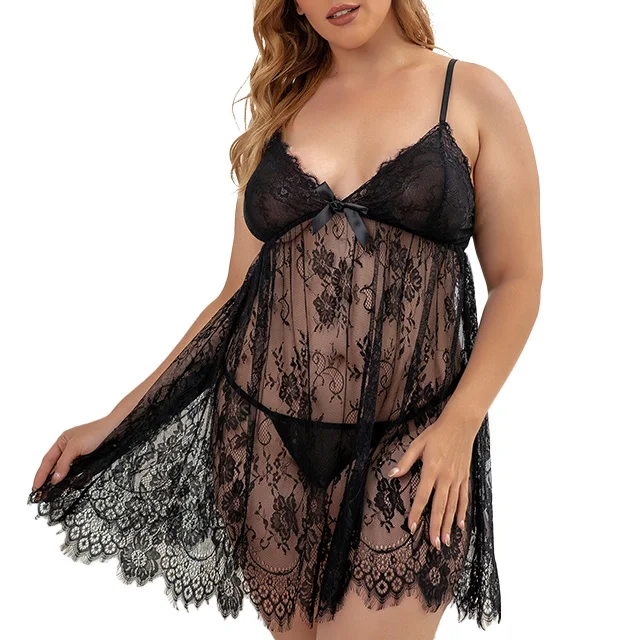 Sexy Night Dress Fat Woman Temptation Plus Size Lace Mesh Nightdress Transparent Female Erotic Lingerie