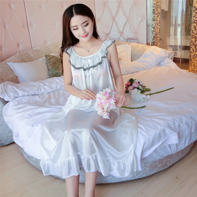 Sexy Nightgown Sleepskirts Lace Neck Ice Silk Lingerie Nightdress Sleepless Sexy Sleep Nightwear Skirts for Lady