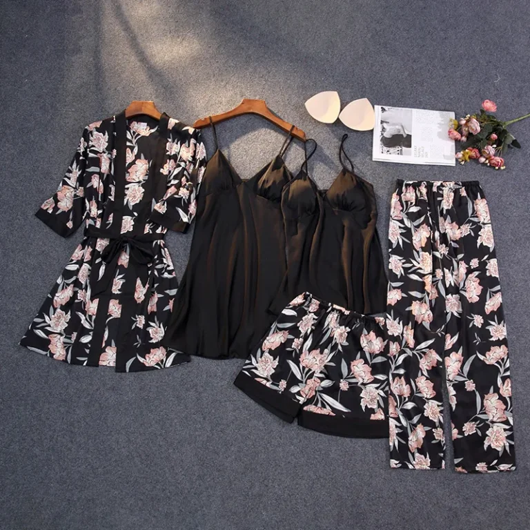 Sexy-Padded-Camisole-Pajamas-Set-Korean-Style-Printed-Cardigan-5-Piece-Womens-Loungewear-Soft-Breathable