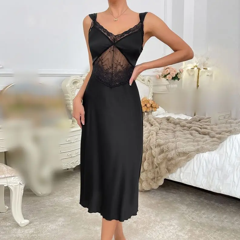 Sexy Pajamas Female Halter Satin Pure Desire Lace French Senior Sense Nightdress