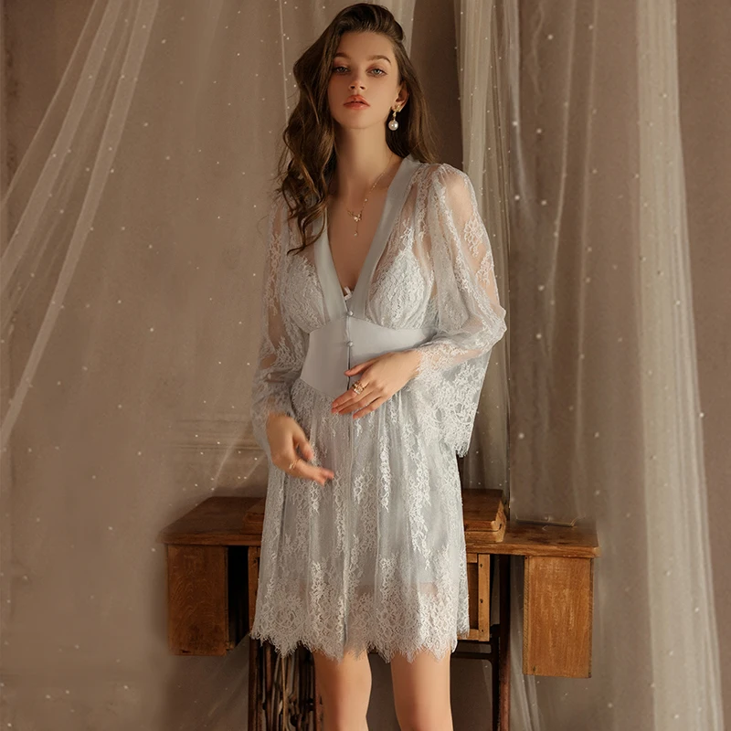 Sexy Pajamas Lace Satin Splice Add Bra Pad Backless Slip Nightdress Robe Set 2 Piece