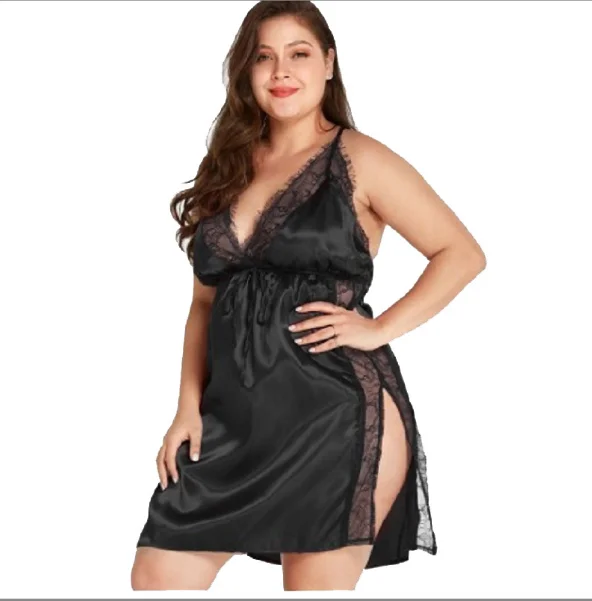 Sexy Pajamas Large Size Lace Splicing V neck Satin Women's Summer Womenplus Size Sleepwear Suspender Home Fun Nightdress
