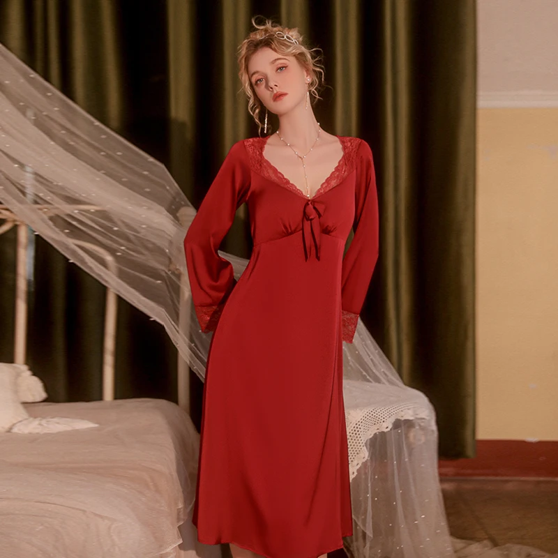 Sexy Pajamas Long Pattern Long Sleeve Nightdress Lace Splice Add Bra Pad Home Nightdress
