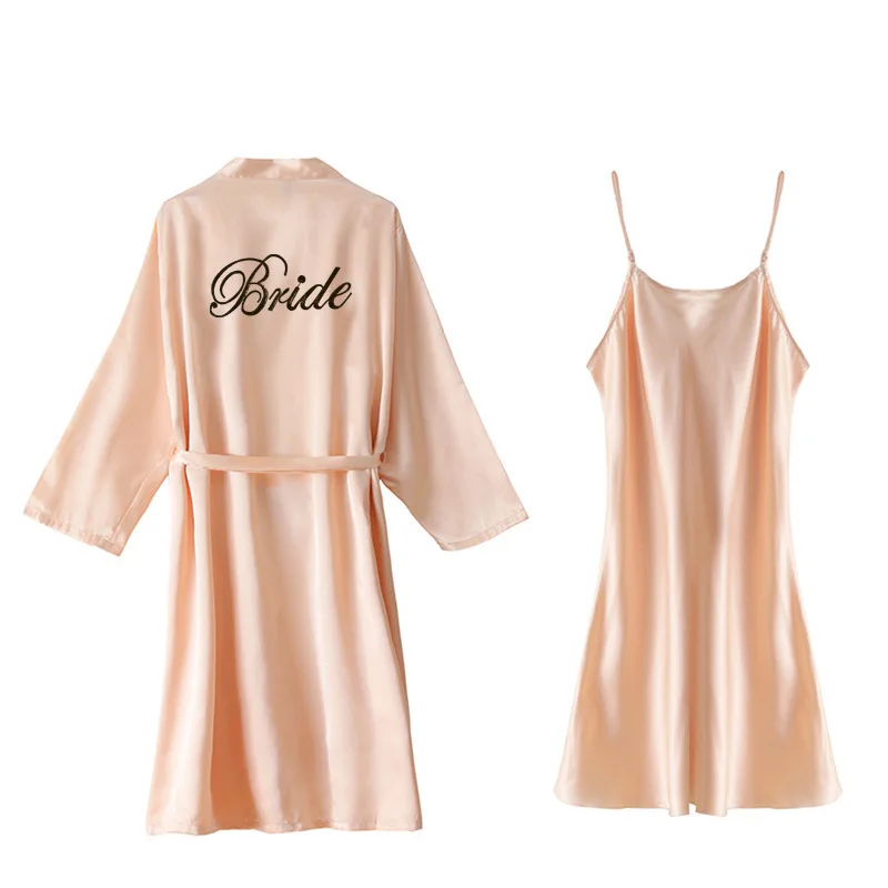 Sexy Satin Bridal Robe Set Bride Embroidery Nightgown 2 Piece Sleepwear Kimono Bathrobe Like Strappy Nightdress Wedding Gift