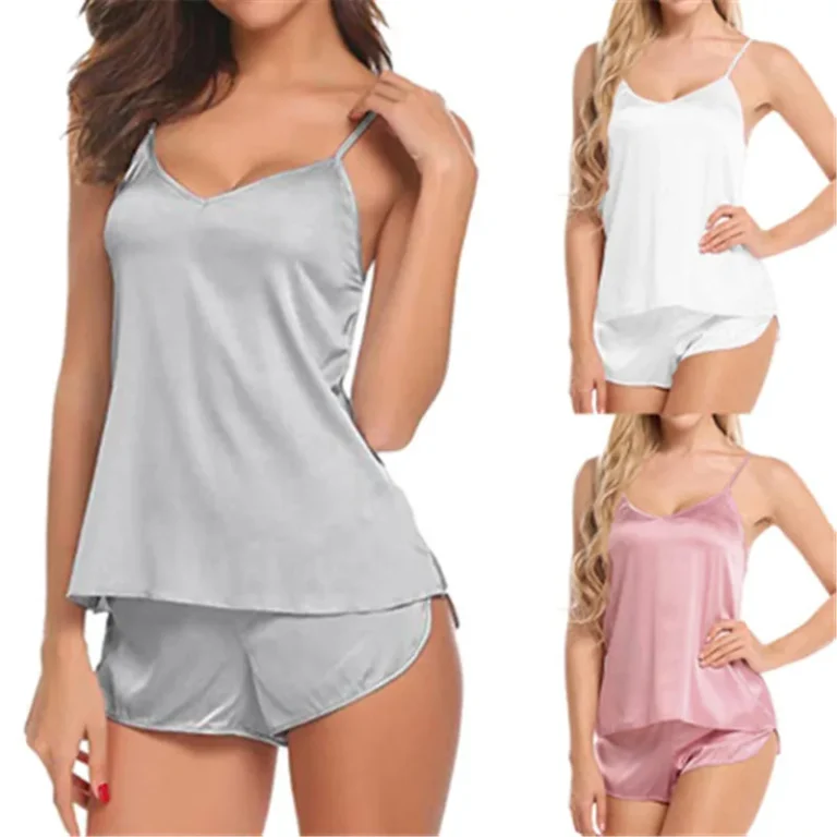 Sexy-Satin-Silk-Pajamas-Sets-Plus-Size-3XL-See-Through-Camisole-Sleeveless-Tops-and-Shorts-Womens-Home-Clothes-Pink-Sleepwear