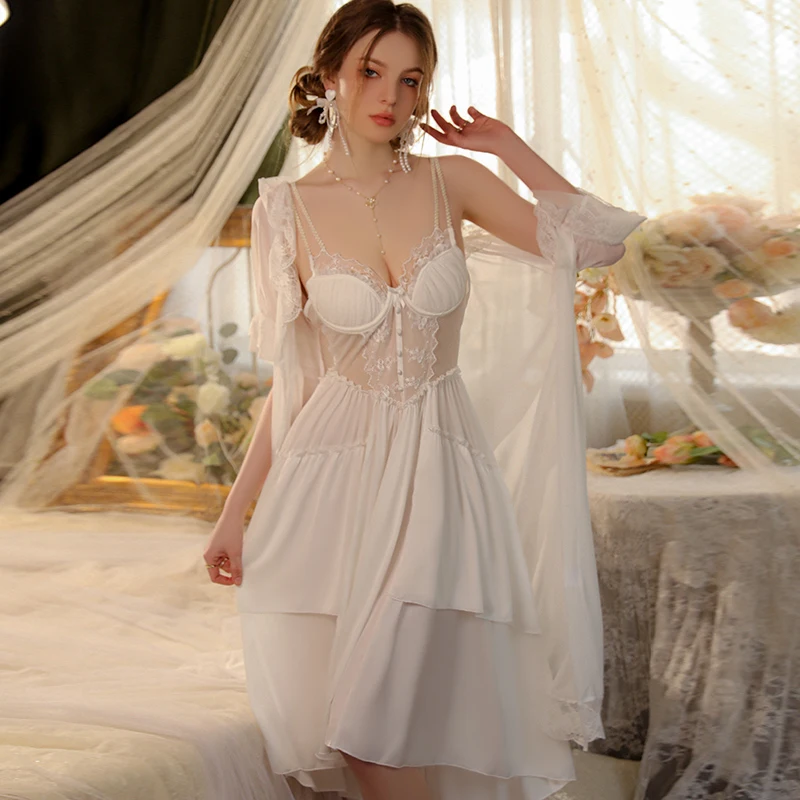 Sexy Sleepwear Women Silk Contrast Lace Nightdress and Satin Kimono Robe Home Wear Set J2987