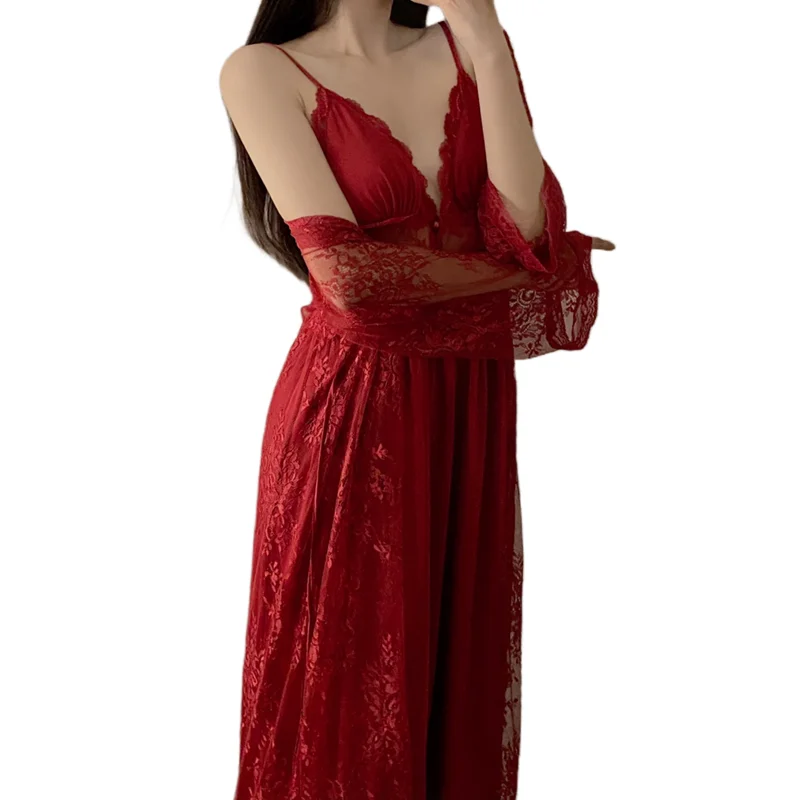 Sexy Slip Nightdress Women's Silk Pajamas Spring Summer Ice Silk Long Sleeve Nightgown Lace Long Elegant Two-Piece Nightwear