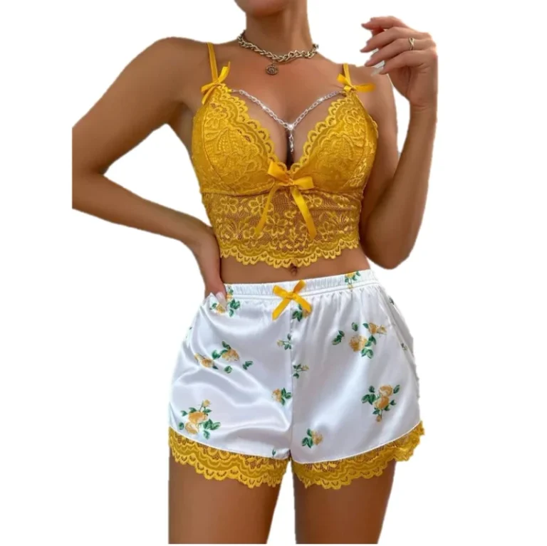 Sexy-Soft-Breathable-Deep-V-Neck-Lingerie-Lace-Camisole-Shorts-2-PCS-Set-Sleepwear-Nightwear-for-Women-Girls