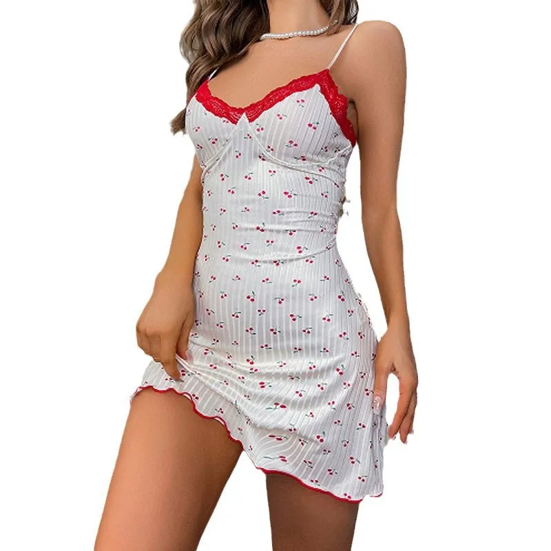 Sexy Summer Nightdress Soft Satin Heart Printed Chemise Lace V neck Knee Length Front Logo Nightgown