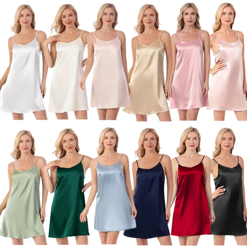 Sexy Women Lingerie Silk Satin Chemise Nightgowns Adjustable Strap V Neck Dress Luxury Soft Summer Lingerie Bridal Sleepwear