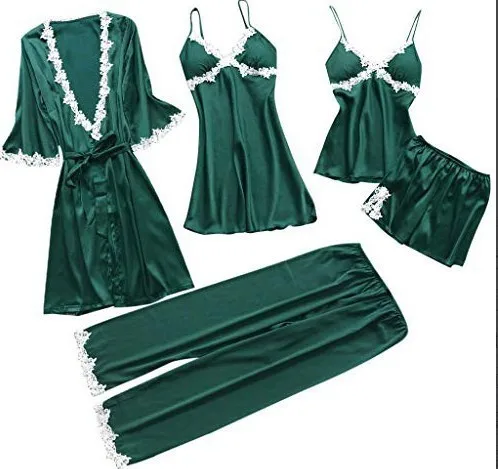 Sexy Women's Robe Grown Sets Lace Bathrobe + Night Dress 5 Five Pieces Sleepwear Womens Sleep Set Faux Silk Robes Femme