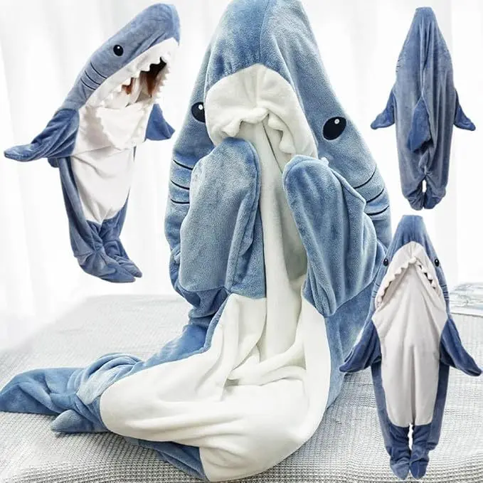 Shark Blanket Hoodie Onesie for Adult & Kid Wearable Shark Sleeping Bag Soft Cozy Onesie Costume