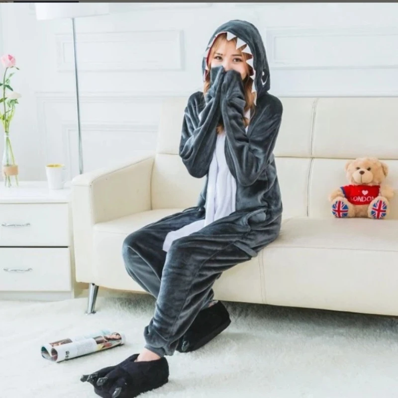 Shark Onesie Pajamas Adult Cartoon Flannel Loungewear Halloween Cosplay Funny Animal Costume