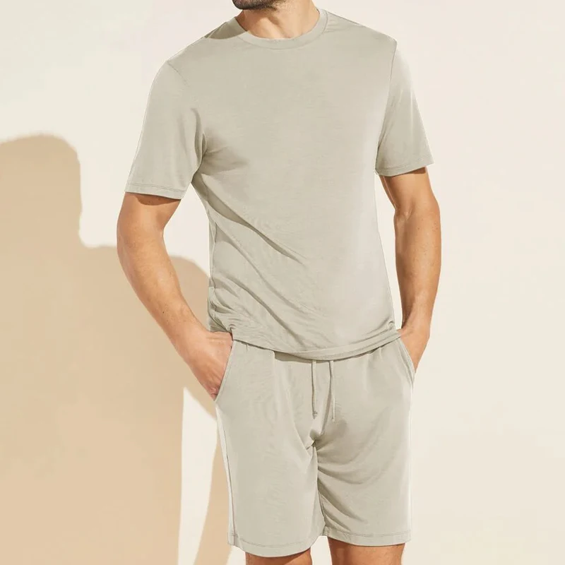 Short Pyjama Set for Men Bamboo Jersey Sleep Shorts Sets Custom Pajamas Oversized Two Piece Lounge Wear
