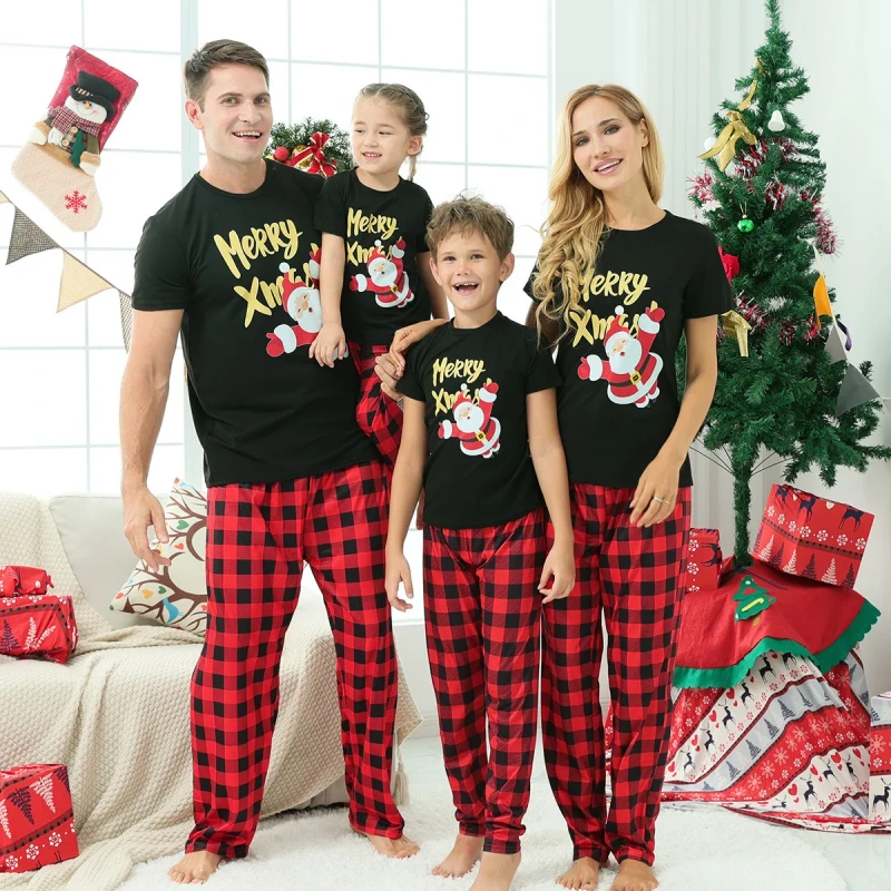 Short Sleeve Family Xmas Festival Buffalo Plaid Christmas Pajamas Matching Sleepwear Sets for Girls Boys Baby Girls Casual