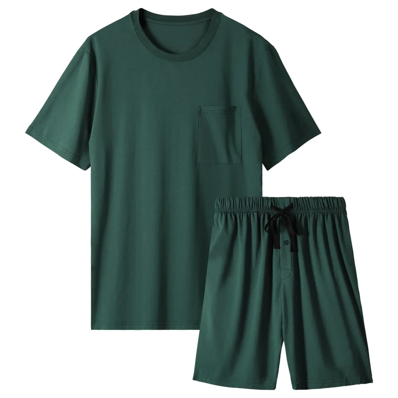 Short Sleeve Mens Pajama Set Cotton Pyjamas Summer Pjs Loungewear Lightweight Sleepwear Sets with Pockets