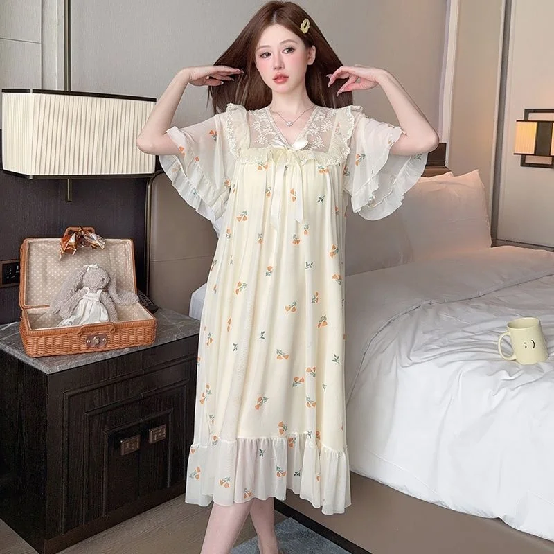 Short Sleeve Women's Summer Nightgown Floral Lace Bow Mesh Elegant Court Princess Style Mid length Nightdress Home Clothes