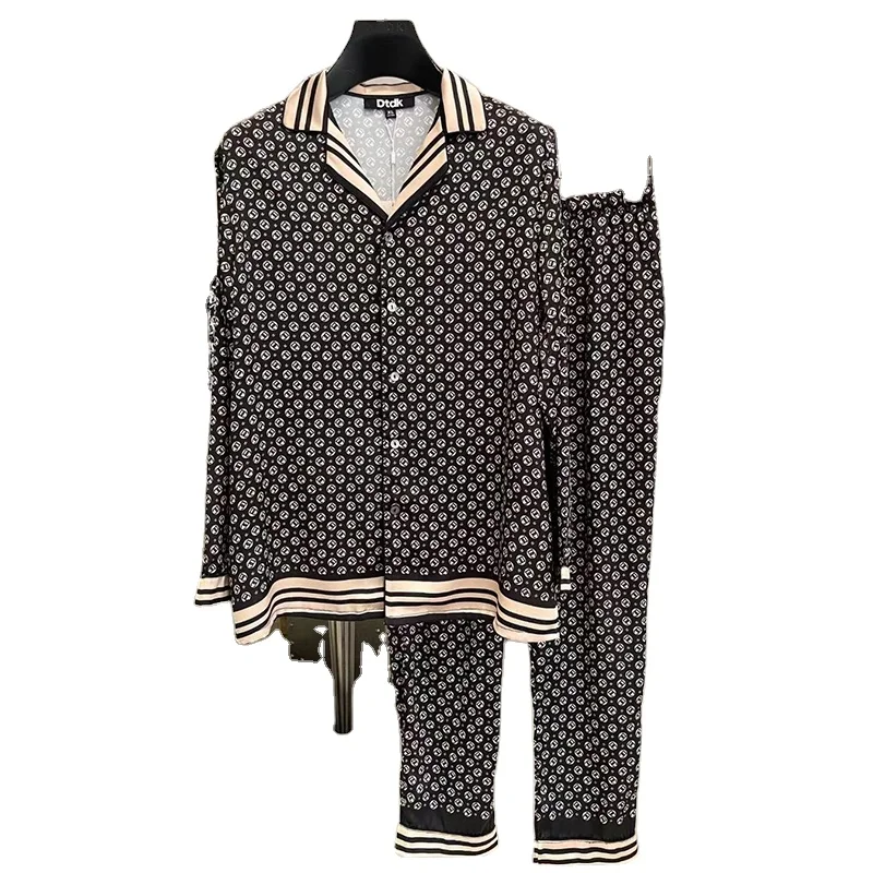 Silk Lettered Printed Pajamas Spring and Autumn Long Sleeved Trousers Home Wear Men's Casual Suit