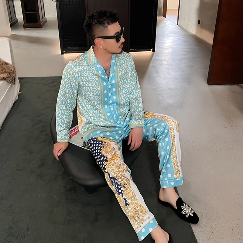 Silk Men's Pajamas Monogrammed Blue Long Sleeved 2 Piece Sets