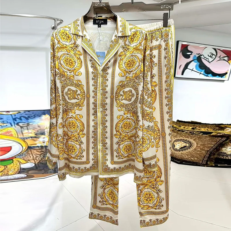 Silk Men's Pajamas Monogrammed Blue Long sleeved Pajamas 2 piece Men's and Women's Sets