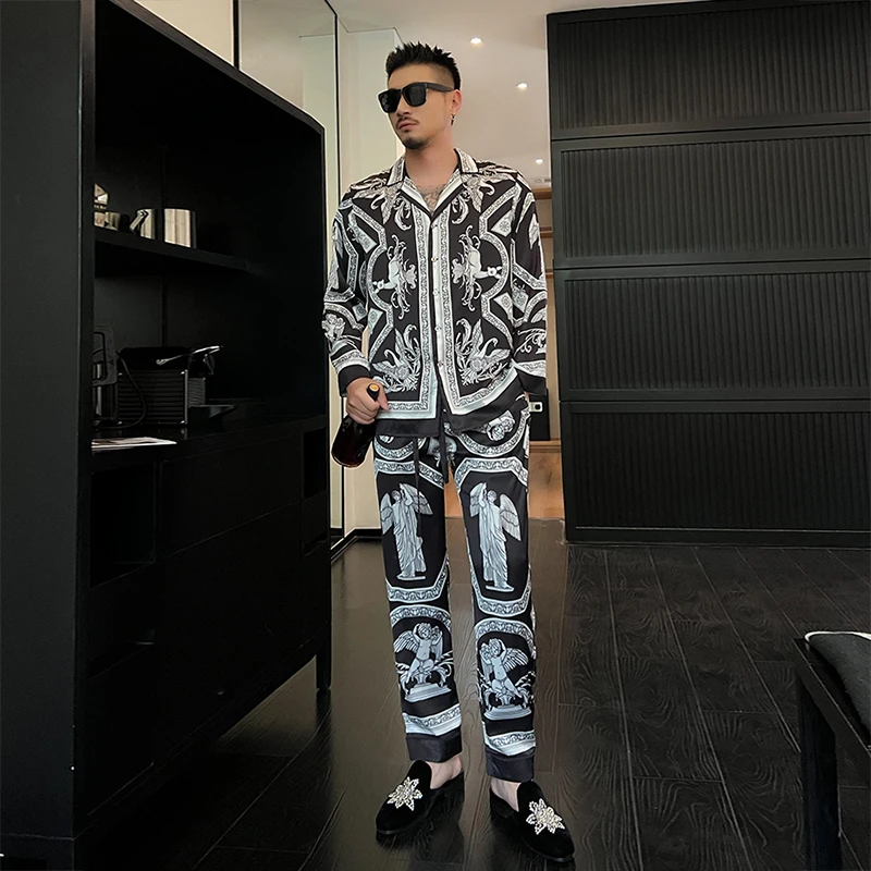 Silk Men's Sleepwear Angel Printing Long-sleeve Pajamas 2 Piece Set for Men and Women