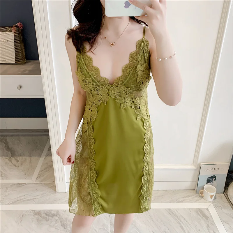 Silk Nightgown Lace Sling Nightdress for Women Sexy Hollow Nighty Design Dress Pajamas