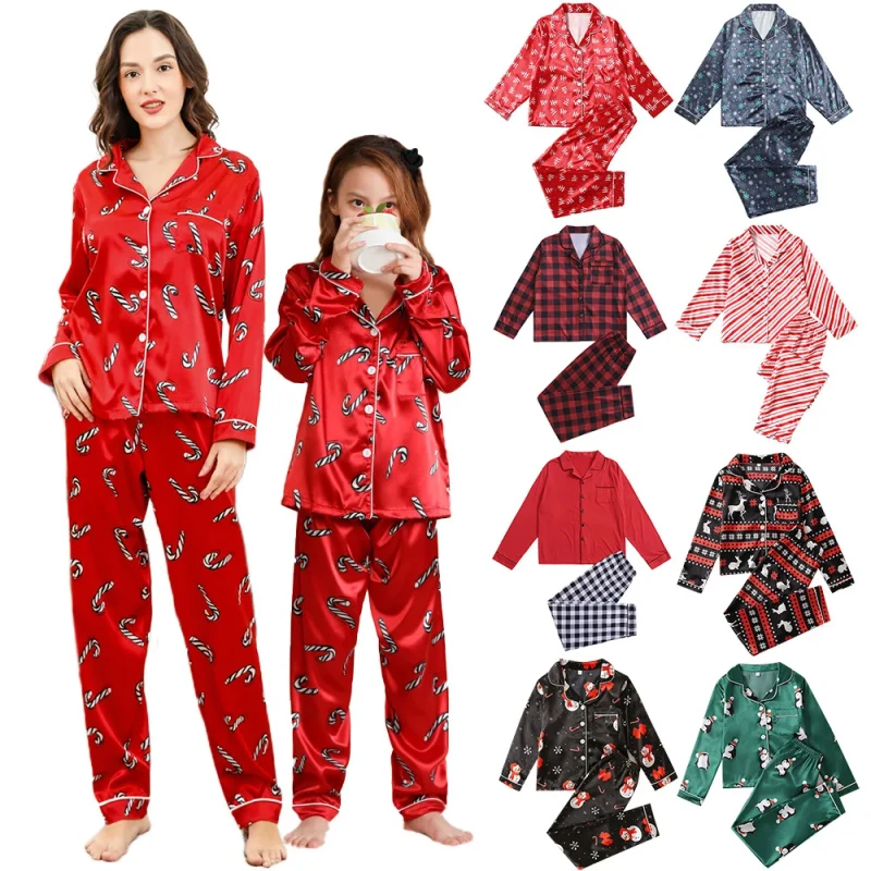 Silk Satin Mommy and Me Sets 2pcs Christmas Pyjamas Mom and Daughter Matching Christmas Pajamas for Family