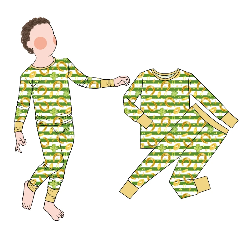 Simple Autumn Winter Long Sleeve Pants 2 Piece Pajama Set Comfortable Loungewear for Children