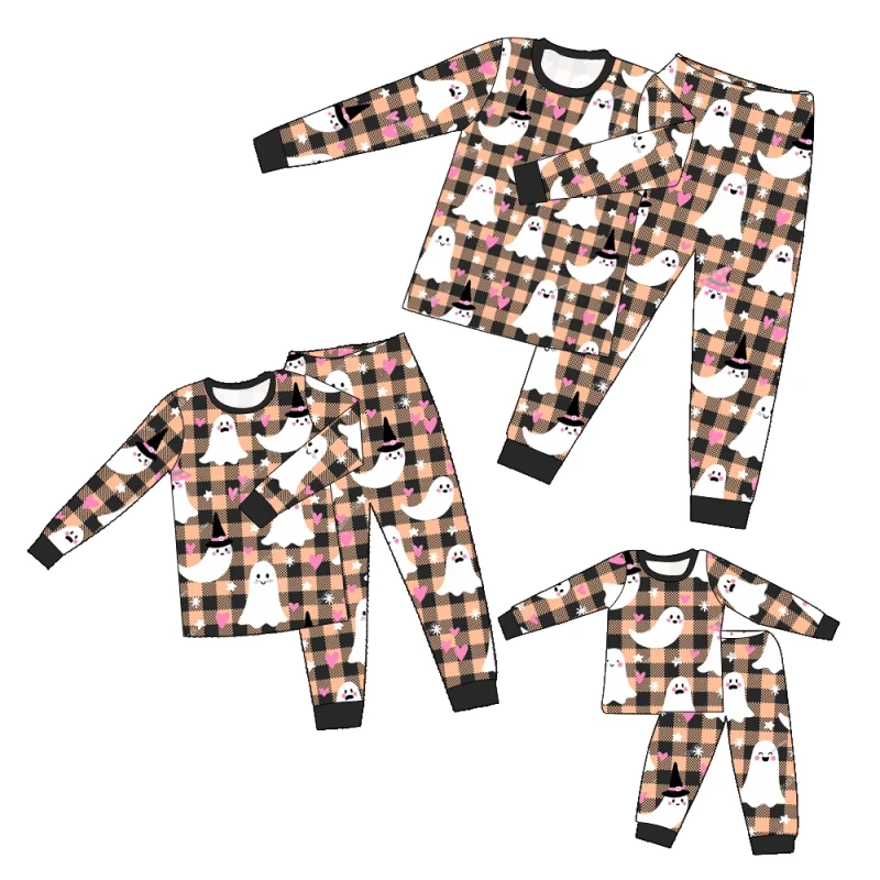 Skin Friendly 95%Bamboo 5%Spandex Family Matching Halloween Pajamas Set with Ghost & Plaid Print Long Sleeve for Party & Daily