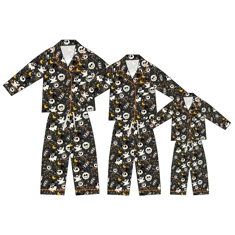 Skin Friendly 95%Bamboo 5%Spandex Family Matching Halloween Pajamas Set with Long Sleeve & Button Front for Party & Daily