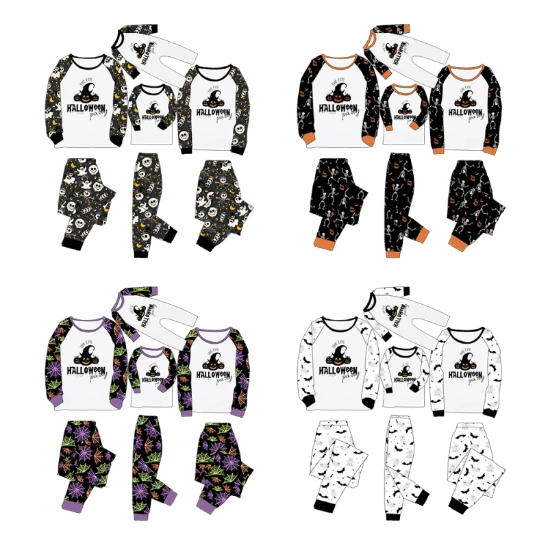 Skin Friendly 95%Bamboo 5%Spandex Family Matching Halloween Pajamas with Witch Ghost Bat Print Long Raglan Sleeve for Party