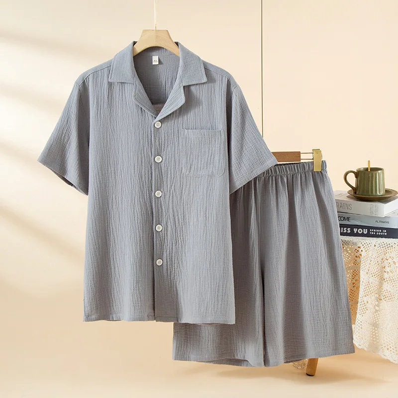 Sleepwear Manufacturer Hot Selling Men's Solid Color Cotton Two Piece Set With Flip Collar Shirt and Shorts Customize Pyjamas