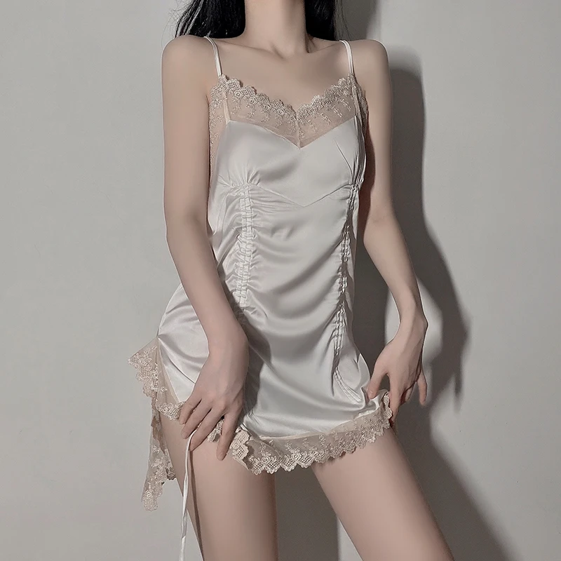 Sleepwear Women Draw Strap Ruched Satin Contrast Lace Sexy Pajamas Nightdress GR902