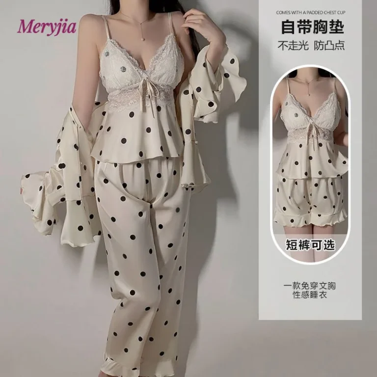 Sleepwear-Women-Sexy-Deep-V-Satin-Lace-Pajamas-Polka-Dot-Printed-Camisole-Top-Shorts-and-Robe-Three-Piece-Homewear-3294