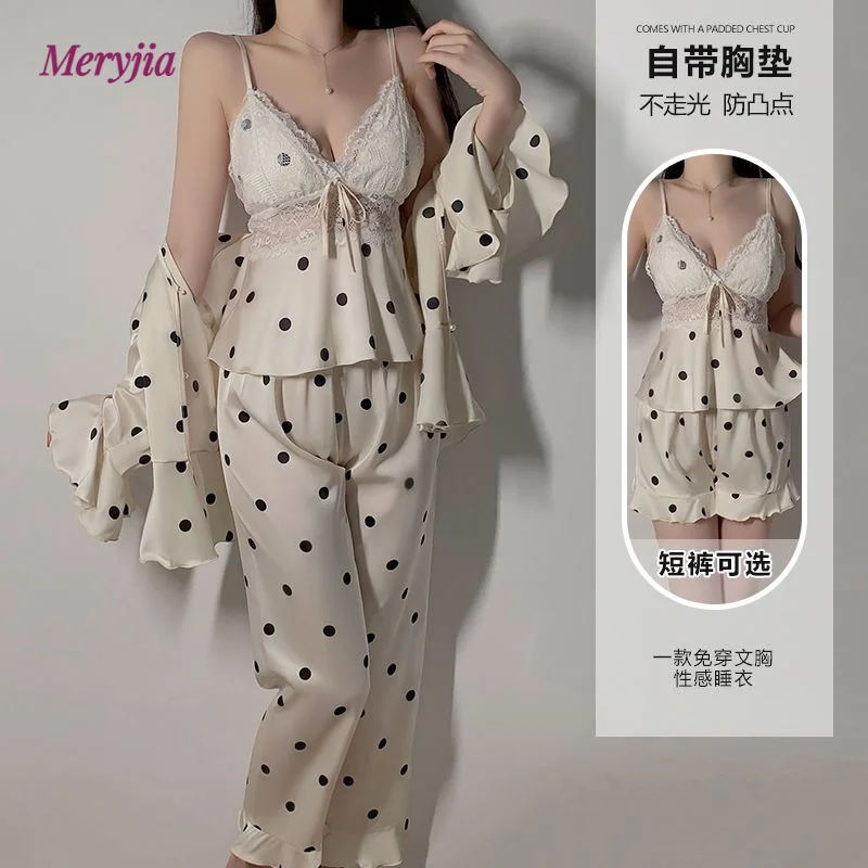 Sleepwear Women Sexy Deep V Satin Lace Pajamas Polka Dot Printed Camisole Top Shorts and Robe Three Piece Homewear 3294