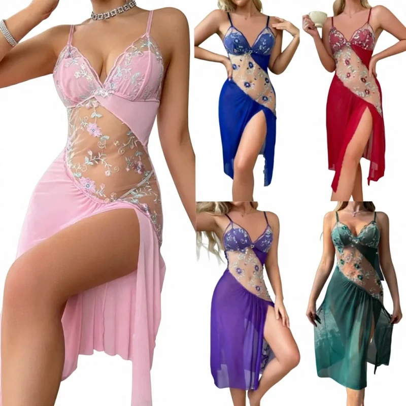 Sleeveless Sexy Nightdress for Women Erotic Lace See Through Underwear with Embroidery Two Sets Including Thong