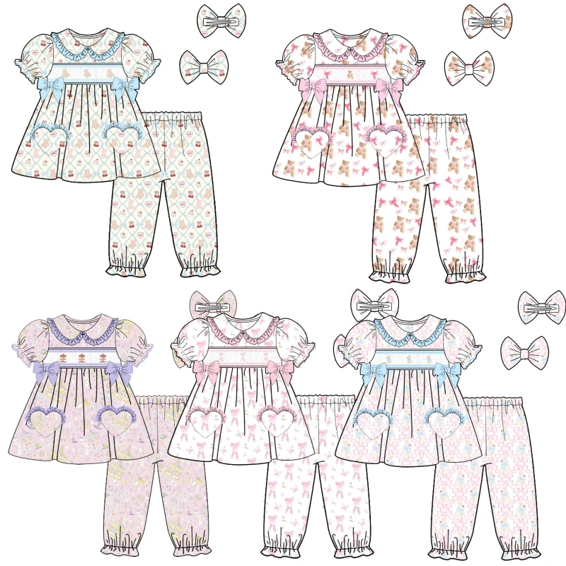 Smocked Children Clothing Cute Bear Embroidery Boutique Girl Pajama Outfits Custom Printed Toddler Girl Sets