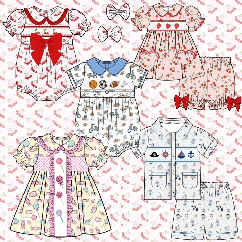 Smocked Girl Clothing Two Piece Custom Cute Printed Strawberry Embroidery Kids Pajamas Smocking Toddler Girl Sets