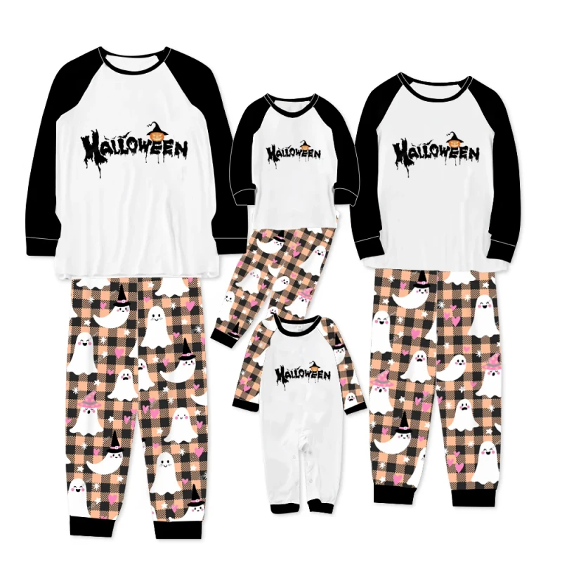 Soft 95%Bamboo 5%Spandex Family Matching Halloween Ghost Print Raglan Sleeve Pajama Set for Halloween Party & Daily Loungewear