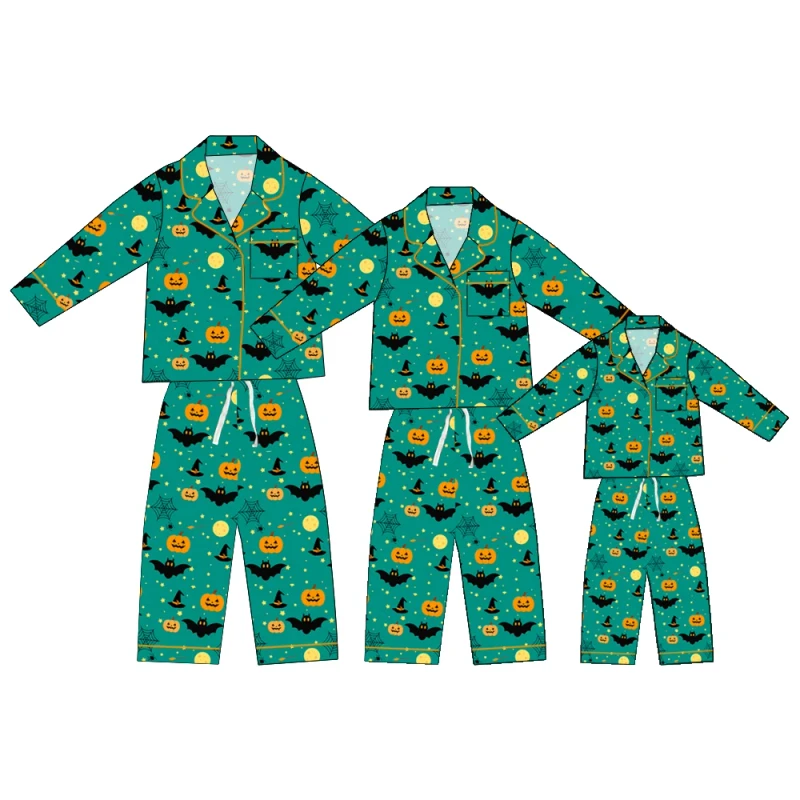 Soft 95%Bamboo 5%Spandex Family Matching Halloween Pumpkin Bat Print Long Sleeve Pajama Set for Halloween Party & Fall Winter