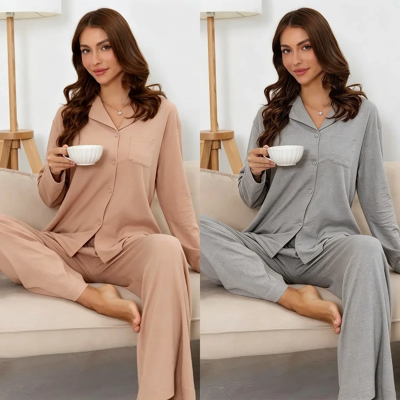 Soft Casual Home Wear Women's Modal Pajamas 2 Piece Loungewear Set Shirt Style Pajamas Elegant Solid color Pajamas