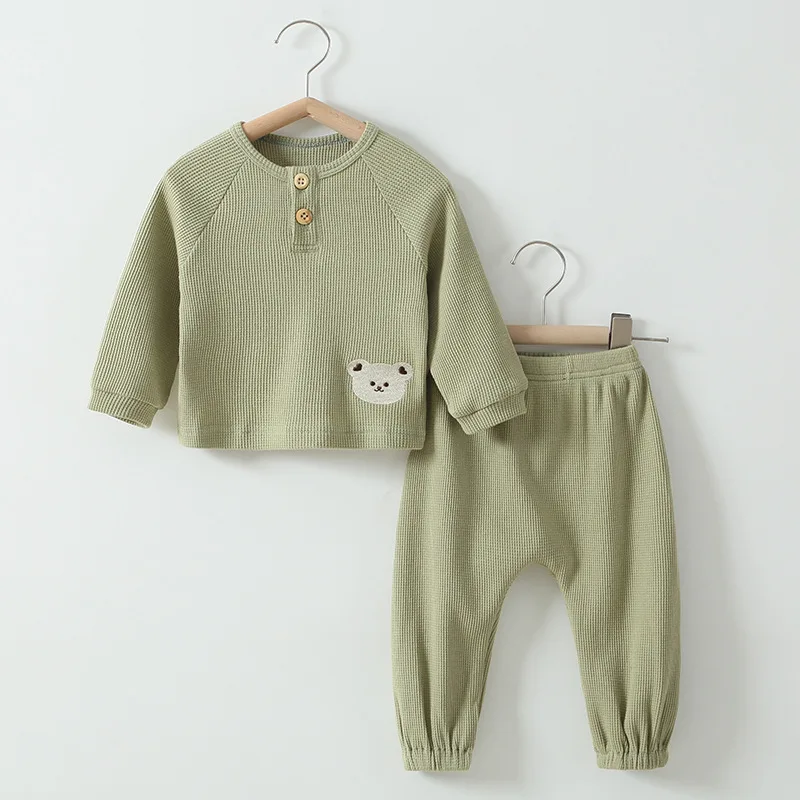 Soft Color O-Neck Long Sleeves Tops Long Pants 2 Pieces Kids Clothing Set Newborn Baby Pajamas Sets
