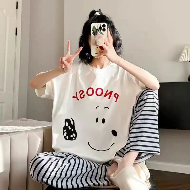 Soft Comfortable 2 PCS Pajamas Set Women Short Sleeve Long Pants Fashion Women Sleepwear for Home Outdoor Wear