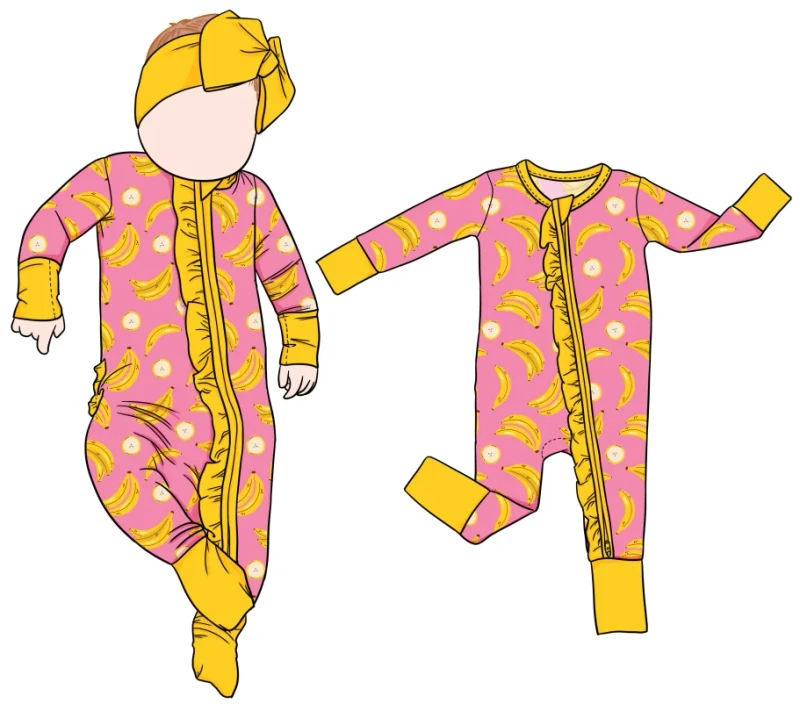 Soft Custom Baby Girl Ruffle Romper Ruffle Zipper Long Sleeves Bamboo Sleepwear Pajamas For Kids Boy With Hat