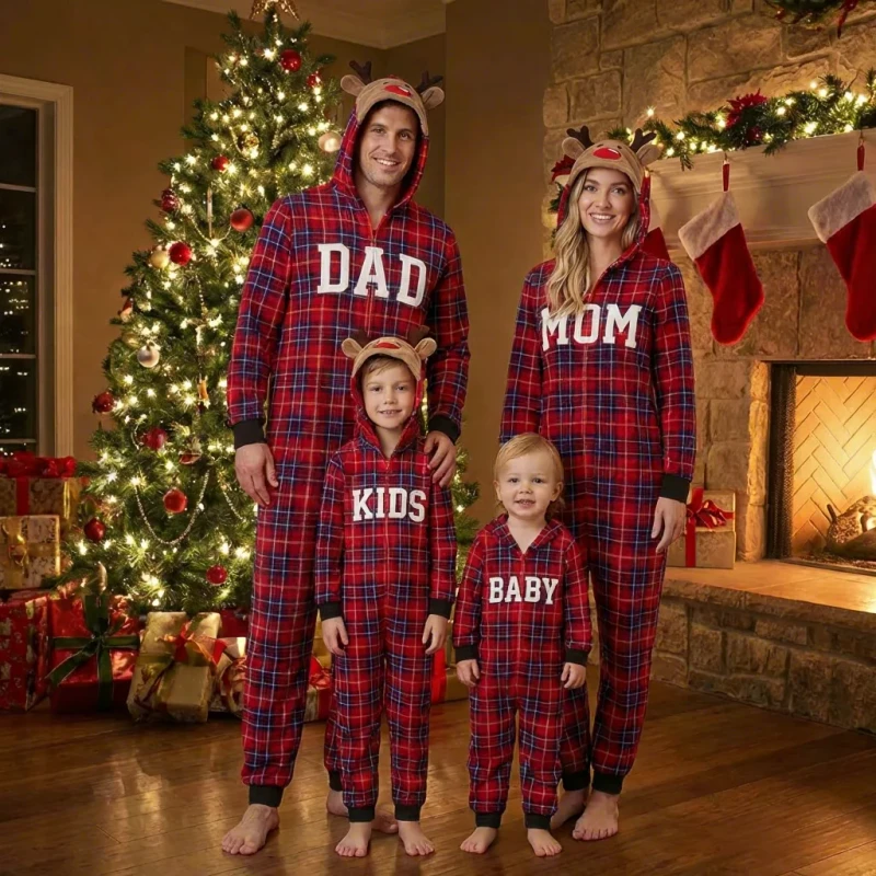 Soft Flannel Deer Head Plaid Family Xmas Pajama Onesie Hooded Zippered Xmas Family Matching Sleepwear