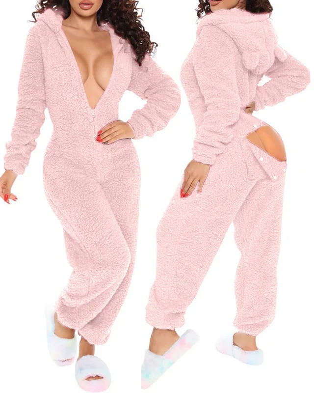 Soft Home Wear Women's Pajamas Onesie Sexy V Neck Butt Flap Jumpsuits Rompers Bodycon Bodysuits Winter Warm Sleepwear