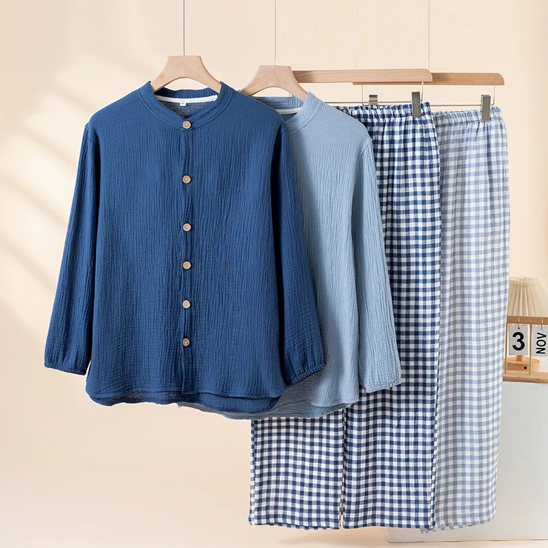 Soft Loungewear Long-Sleeved 100% Cotton Solid Color & Plaid Matching Set Trousers Men's Sleepwear Set Soft Loungewear